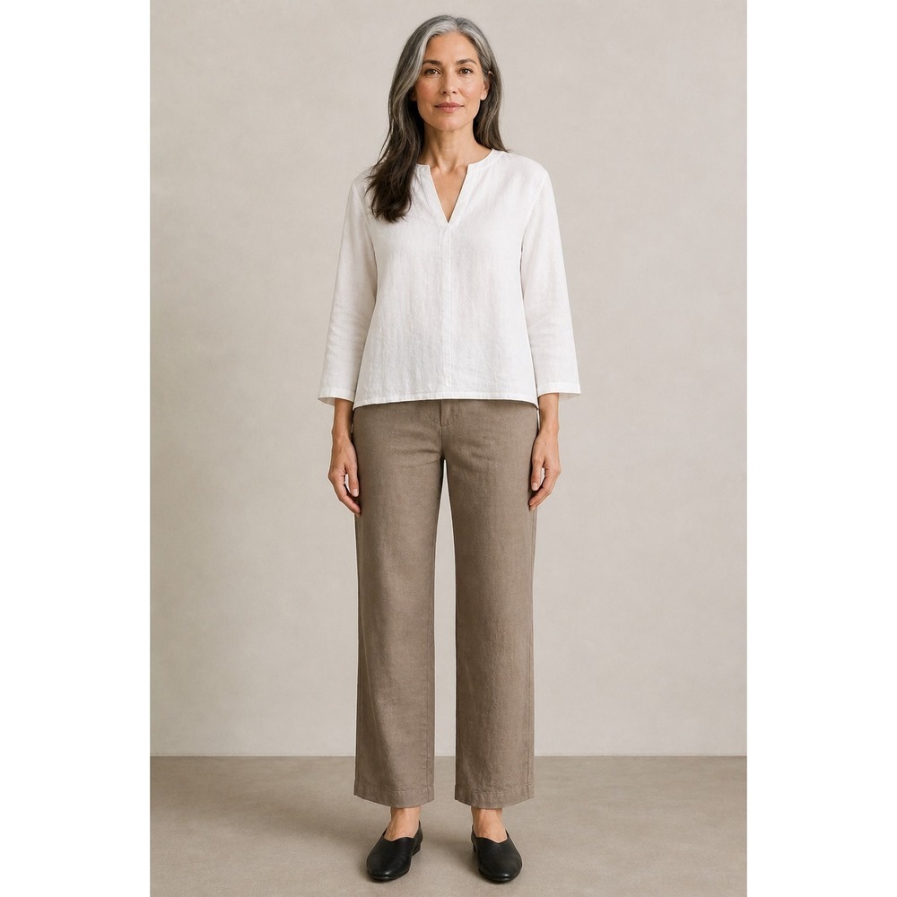 Eileen Fisher Linen Blend Pants Medium Taupe Straight Leg Zip Pocket Minimal